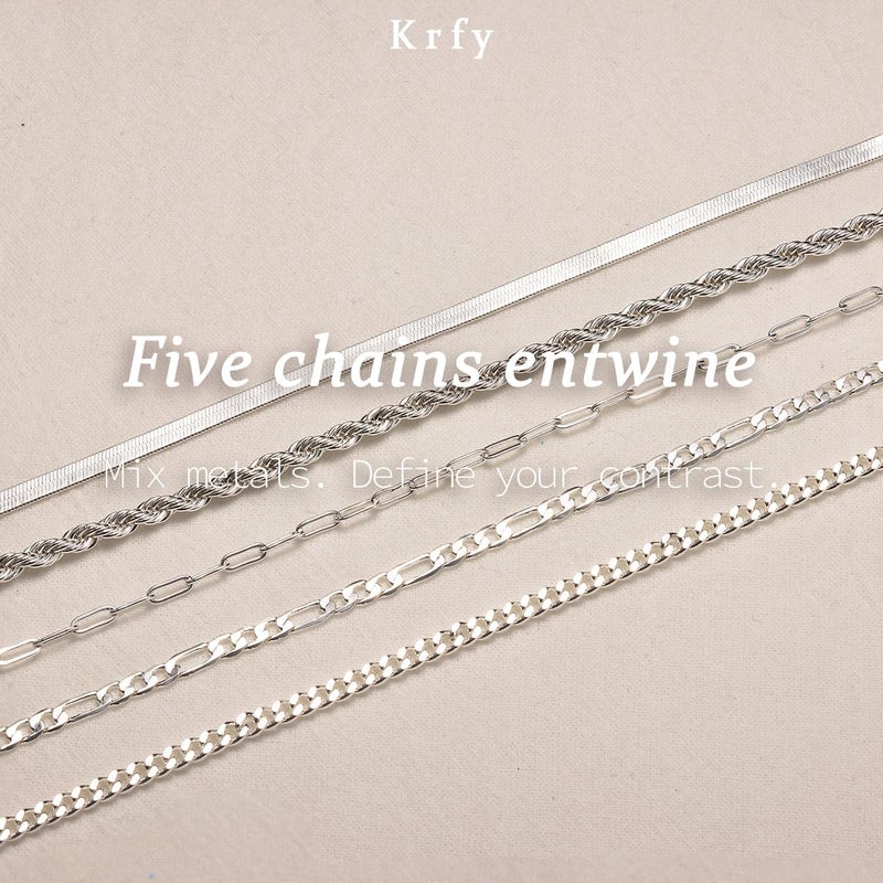 Krfy 5/6Pcs Gold Plated Bracelets for Women Trendy, S925 Plated Silver Bracelet Stack, Non Tarnish Waterproof Bracelets for Women, Paperclip Herringbone Figaro Cuban Twist Chains, Size 6.5''+2'' - Image 4